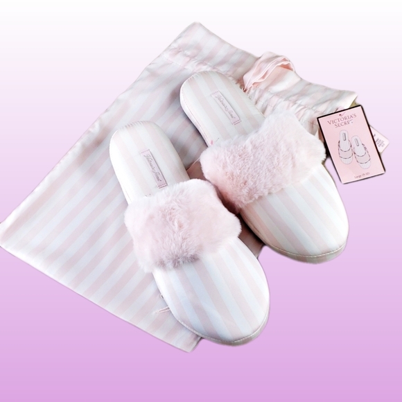 Victoria's Secret Shoes - VICTORIA'S SECRET | Satin With Faux Fur Detail Allover Print Slippers Stripes L